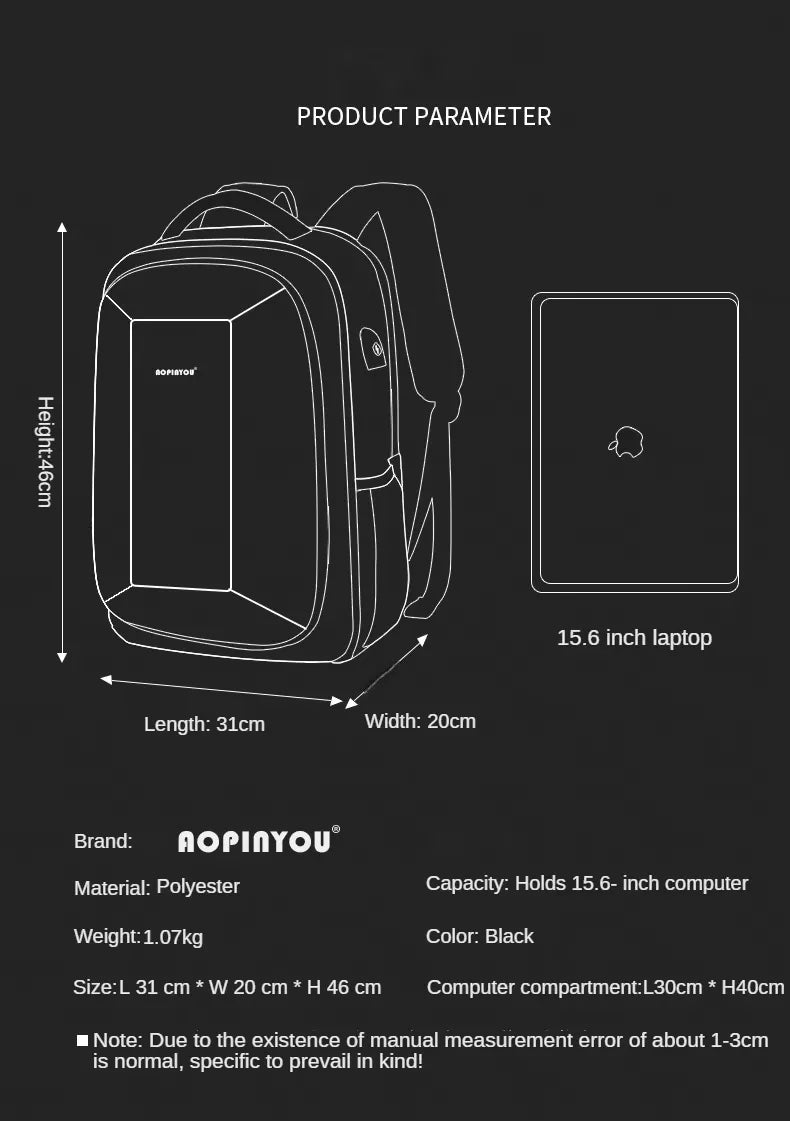 Aopinyou 15.6 Anti Theft Hard Shell Travel Laptop Backpack