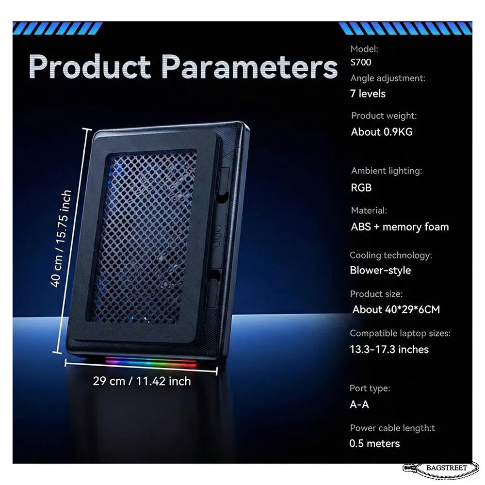 S700 RGB Gaming Laptop Cooling Pad Professional Blower Style Cooler with Dual 14cm High-Speed Fans, 7 Adjustable Height Levels, 10 RGB Lighting Modes, and Dual USB Ports Compatible with 13.3 to 17.3 Laptops