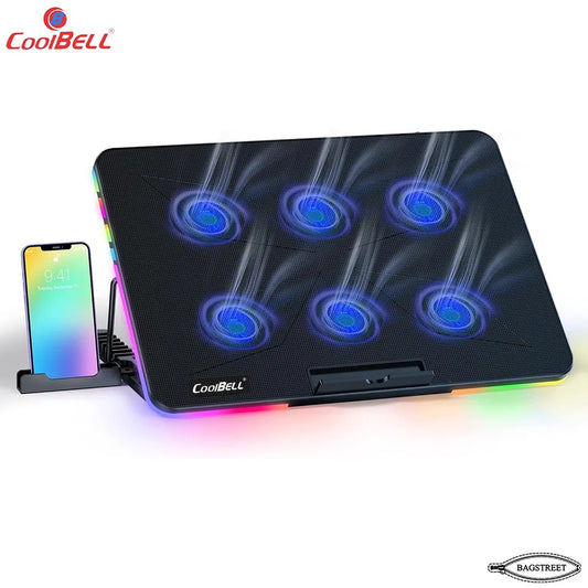 Coolbell 8X Cooling Pad For 14-17 Inch Laptops Gaming Notebook with 6 large Quiet Fans Laptop Stand with Phone Holder USB Powered Adjustable Mounts Stand with RGB LED Lights