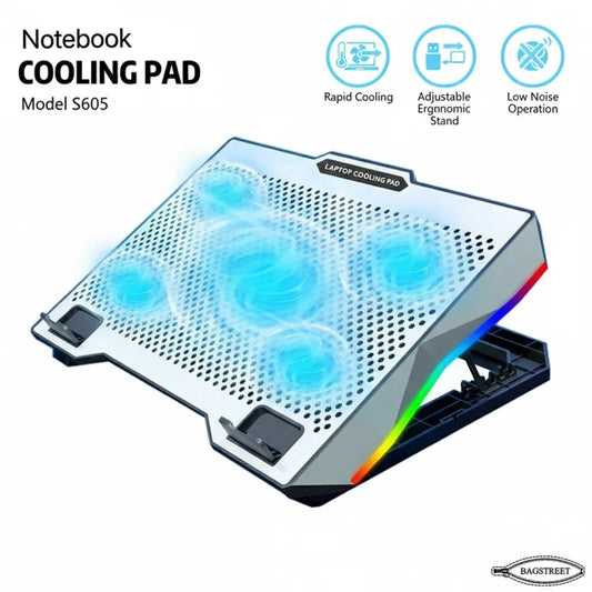S605 Cooling Pad For 14-17 Inch Gaming Laptop Notebook Cooler with 5 large Quiet Fans Laptop Stand with Phone Holder USB Powered Adjustable Speed Adjustable Mounts Stand with RGB LED Lights