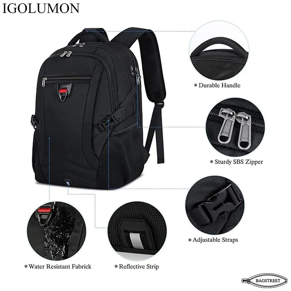 IGOLUMON 17.3" Anti-Theft Waterproof Travel Laptop Backpack with USB Charging Port & Trolley Strap