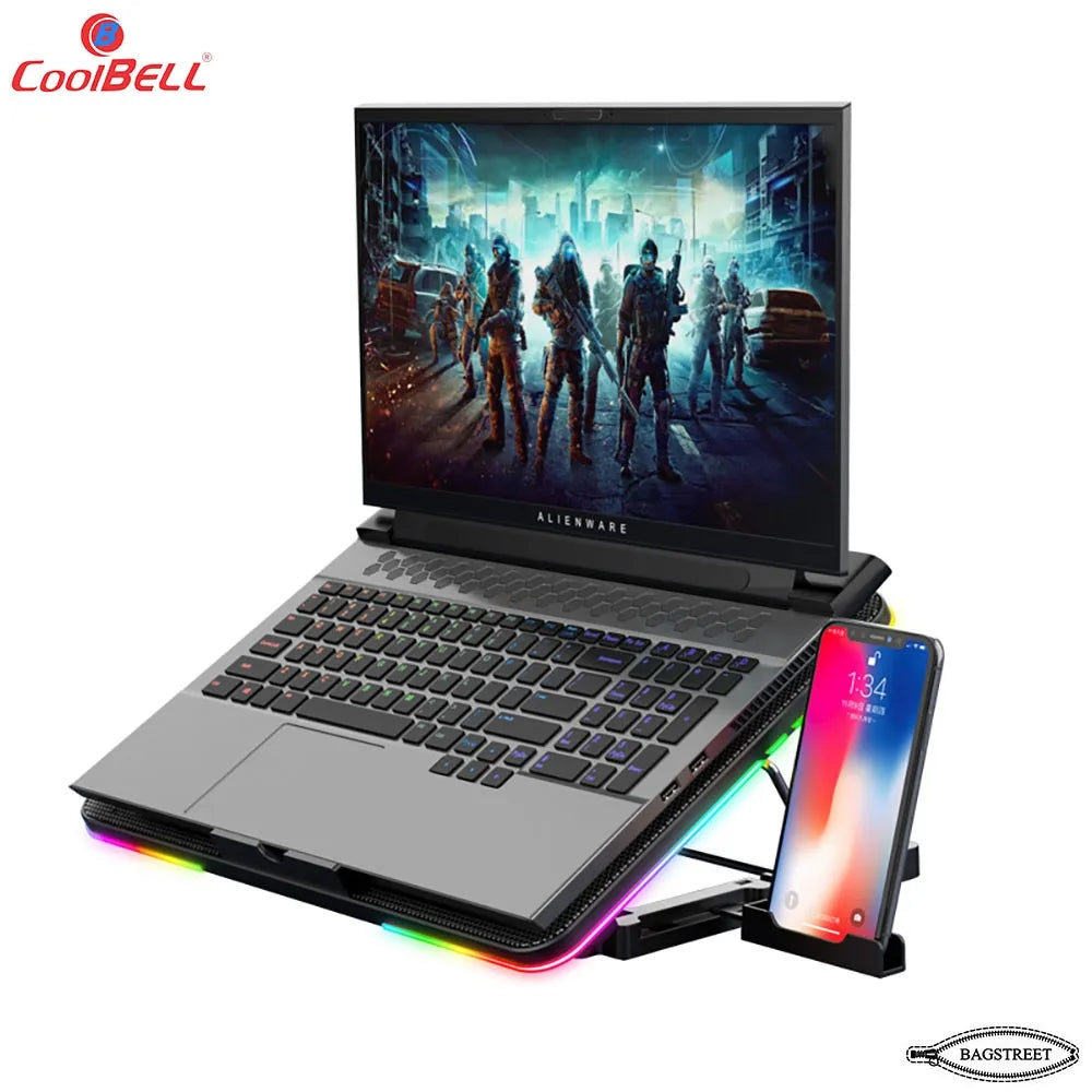 Coolbell 8X Cooling Pad For 14-17 Inch Laptops Gaming Notebook with 6 large Quiet Fans Laptop Stand with Phone Holder USB Powered Adjustable Mounts Stand with RGB LED Lights