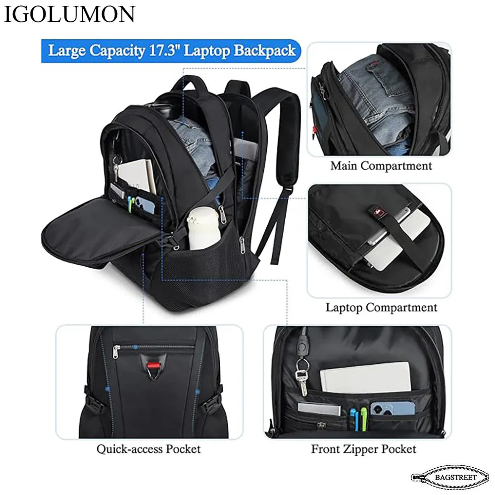 IGOLUMON 17.3" Anti-Theft Waterproof Travel Laptop Backpack with USB Charging Port & Trolley Strap