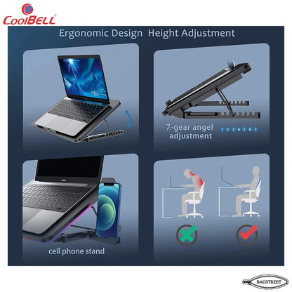 Coolbell 8X Cooling Pad For 14-17 Inch Laptops Gaming Notebook with 6 large Quiet Fans Laptop Stand with Phone Holder USB Powered Adjustable Mounts Stand with RGB LED Lights