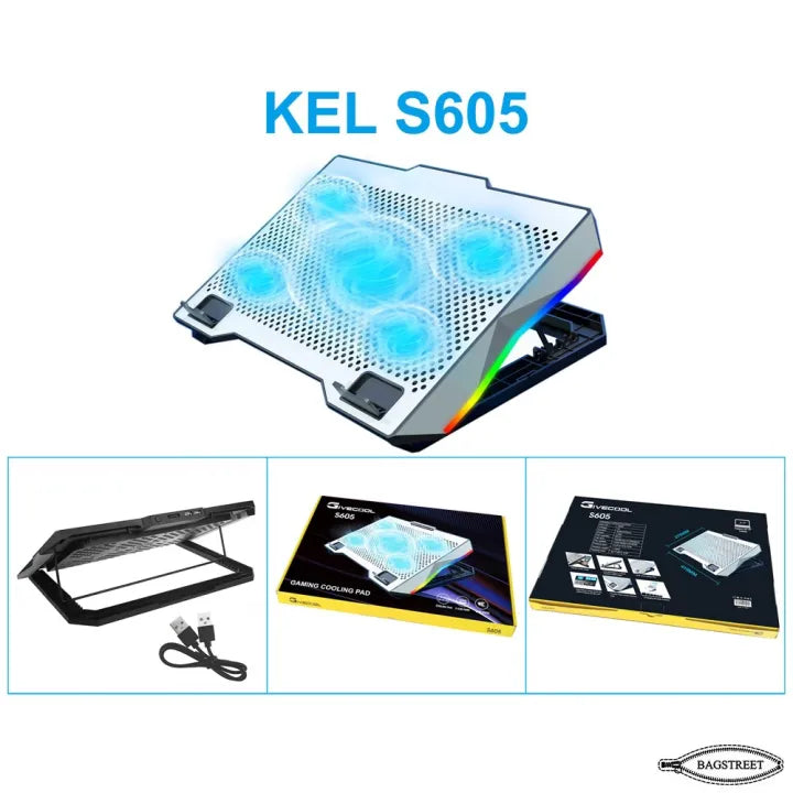 S605 Cooling Pad For 14-17 Inch Gaming Laptop Notebook Cooler with 5 large Quiet Fans Laptop Stand with Phone Holder USB Powered Adjustable Speed Adjustable Mounts Stand with RGB LED Lights