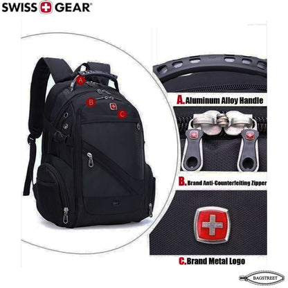 Swissgear 15.6" Laptop Backpack Water Proof, Shock Proof, Unisex Travelling Backpack Business Travel University College School Fashion Backpack with USB Charging and Aux Point Rain Cover 8810 (Black)