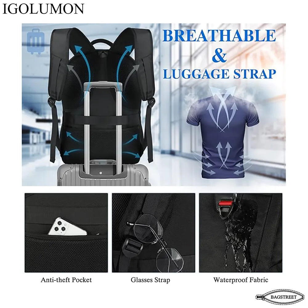 IGOLUMON 17.3" Anti-Theft Waterproof Travel Laptop Backpack with USB Charging Port & Trolley Strap