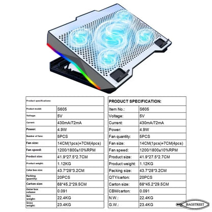 S605 Cooling Pad For 14-17 Inch Gaming Laptop Notebook Cooler with 5 large Quiet Fans Laptop Stand with Phone Holder USB Powered Adjustable Speed Adjustable Mounts Stand with RGB LED Lights