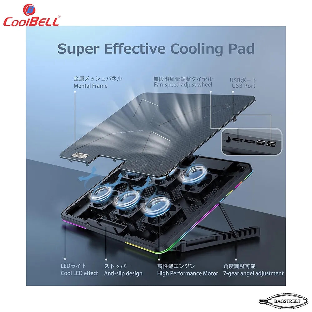 Coolbell 8X Cooling Pad For 14-17 Inch Laptops Gaming Notebook with 6 large Quiet Fans Laptop Stand with Phone Holder USB Powered Adjustable Mounts Stand with RGB LED Lights