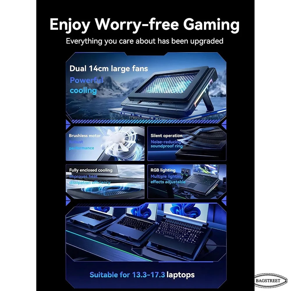 S700 RGB Gaming Laptop Cooling Pad Professional Blower Style Cooler with Dual 14cm High-Speed Fans, 7 Adjustable Height Levels, 10 RGB Lighting Modes, and Dual USB Ports Compatible with 13.3 to 17.3 Laptops