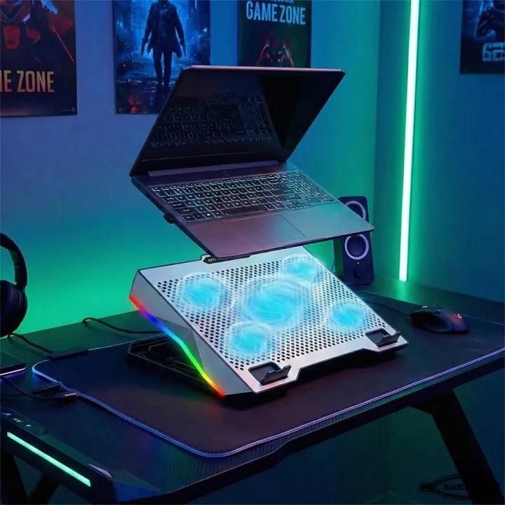 S605 Cooling Pad For 14-17 Inch Gaming Laptop Notebook Cooler with 5 large Quiet Fans Laptop Stand with Phone Holder USB Powered Adjustable Speed Adjustable Mounts Stand with RGB LED Lights