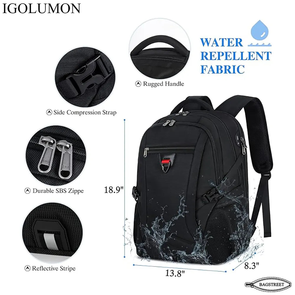 IGOLUMON 17.3" Anti-Theft Waterproof Travel Laptop Backpack with USB Charging Port & Trolley Strap