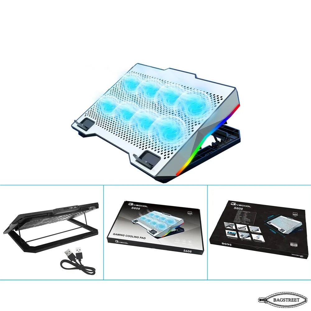 S608 Cooling Pad For 14-17 Inch Gaming Laptop Notebook Cooler with 8 large Quiet Fans Laptop Stand with Phone Holder USB Powered Adjustable Speed Adjustable Mounts Stand with RGB LED Lights
