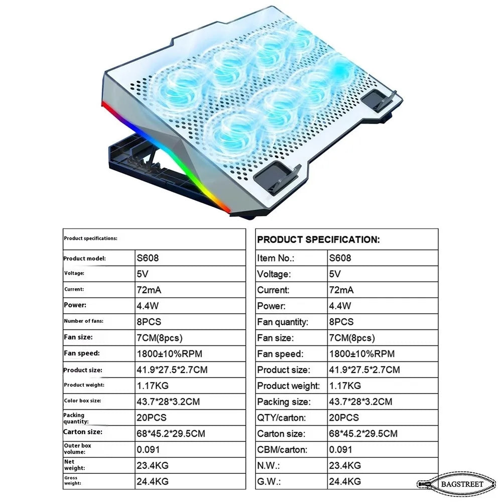 S608 Cooling Pad For 14-17 Inch Gaming Laptop Notebook Cooler with 8 large Quiet Fans Laptop Stand with Phone Holder USB Powered Adjustable Speed Adjustable Mounts Stand with RGB LED Lights