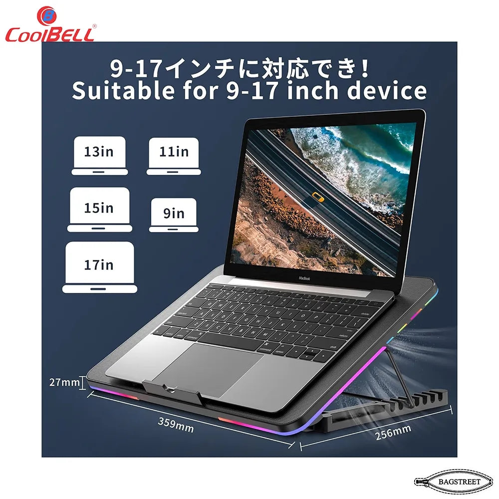 Coolbell 8X Cooling Pad For 14-17 Inch Laptops Gaming Notebook with 6 large Quiet Fans Laptop Stand with Phone Holder USB Powered Adjustable Mounts Stand with RGB LED Lights